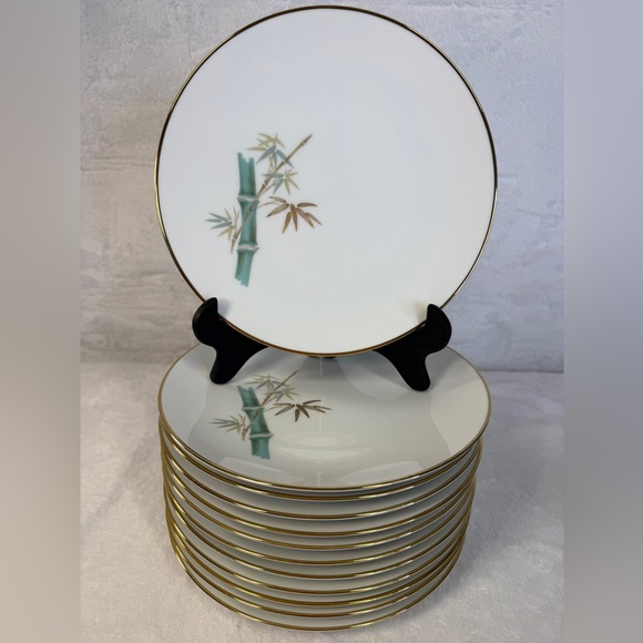 12 Noritake Japan Bamboo White Green & Gold Oriental 8.25” Salad Plates